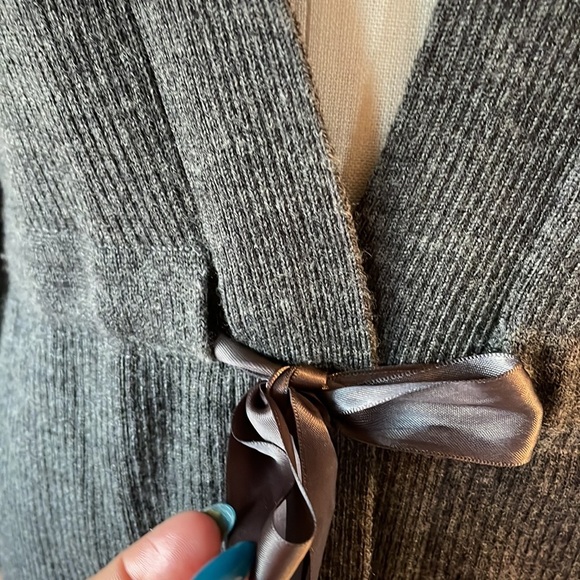 KENAR women’s 100% merino wool ribbed cardigan tie front sweater grey size Med - Picture 2 of 7